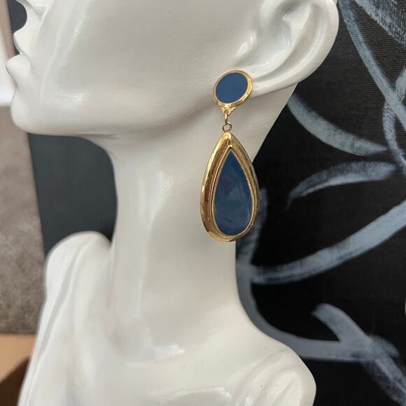 Vintage Raphael Blue Gold Teardrop Statement Earrings NWT - Picture 3 of 7